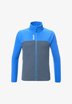 Herrenjacke mit durchgehendem Reißverschluss, hohem Kragen, blauer Oberseite und grauem Unterteil. Strukturiertes Material mit frontalen Taschen und Logo.