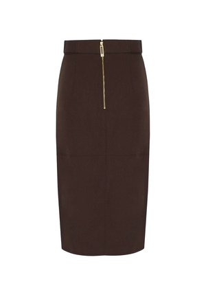 Gonna a tubino marrone scuro fino al ginocchio con vita alta e zip dorata visibile al centro davanti.