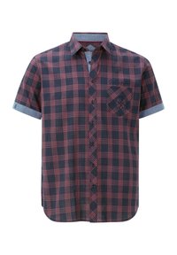 Kurzarm, marineblaues und rotes Karoshirt mit Knopfverschluss, Brusttasche und Denim-Akzentärmeln. Hergestellt aus einem leichten Stoff.