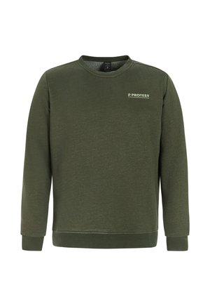 Olijfgroene sweatshiirt met ronde hals, lange mouwen en het "PROTEST"-logo op de bovenste linkerkant van de borst.
