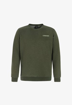 Olijfgroene sweatshiirt met ronde hals, lange mouwen en het "PROTEST"-logo op de bovenste linkerkant van de borst.