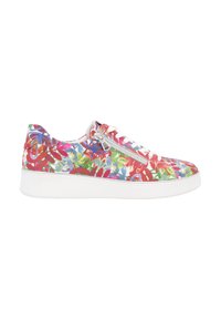 Bunte Sneakers mit Blumenmuster und weißer Sohle, ausgestattet mit einem seitlichen Reißverschluss und Schnürsenkeln, aus Textilmaterial gefertigt.