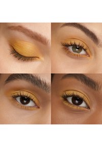 Vier Nahaufnahmen verschiedener Augen mit gelbem Lidschatten und schwarzer Mascara auf den oberen und unteren Wimpern. Ein Auge ist geschlossen dargestellt.