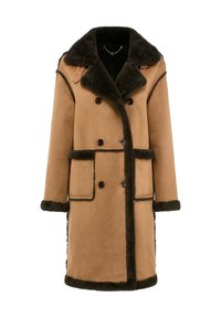 Brązowy płaszcz z owczej wełny z dużym czarnym futrzanym kołnierzem, dwurzędowy krój, dwa przednie kieszenie i czarne guziki.