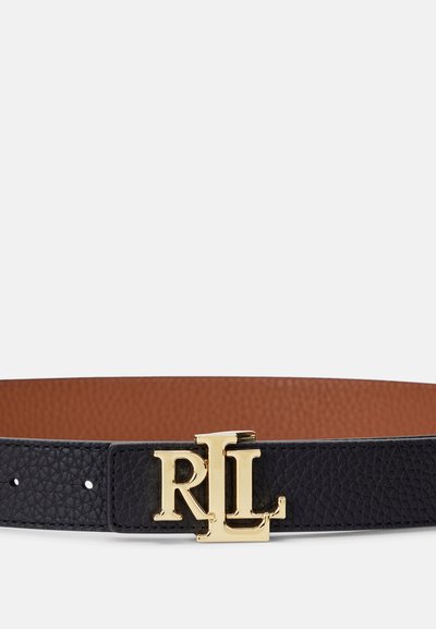 Ceinture en cuir noir avec une finition texturée, boucle en métal doré portant les initiales "RL", et doublure intérieure marron contrastante.