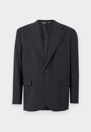 Dark gray blazer made of textured fabric, featuring a relaxed fit, lapel collar, two front pockets, and two-button closure.