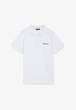 Maglietta polo bianca in cotone, con colletto classico, maniche corte e un discreto logo nero "FREDDY" sulla parte sinistra del petto.