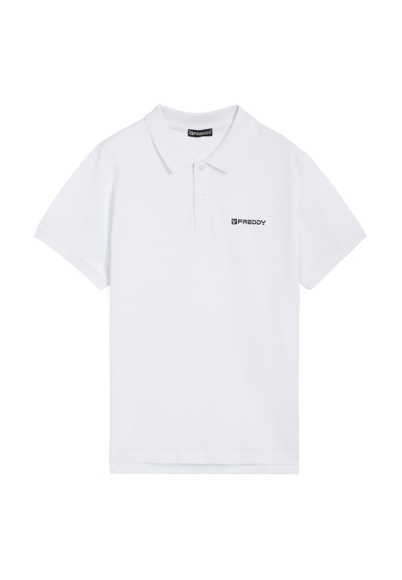 Maglietta polo bianca in cotone, con colletto classico, maniche corte e un discreto logo nero "FREDDY" sulla parte sinistra del petto.