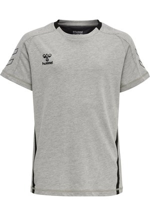 Grijze T-shirt met korte mouwen, zwarte accenten en een subtiele logo op de borst. Gemaakt van zachte stof, met een ronde halslijn en zijsplitten.