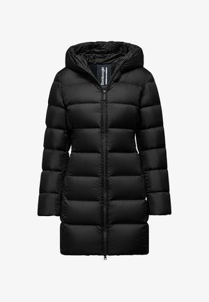 Black puffer coat with a hood, featuring a quilted design, full zipper front, and a slightly tapered silhouette. Smooth, nylon texture.