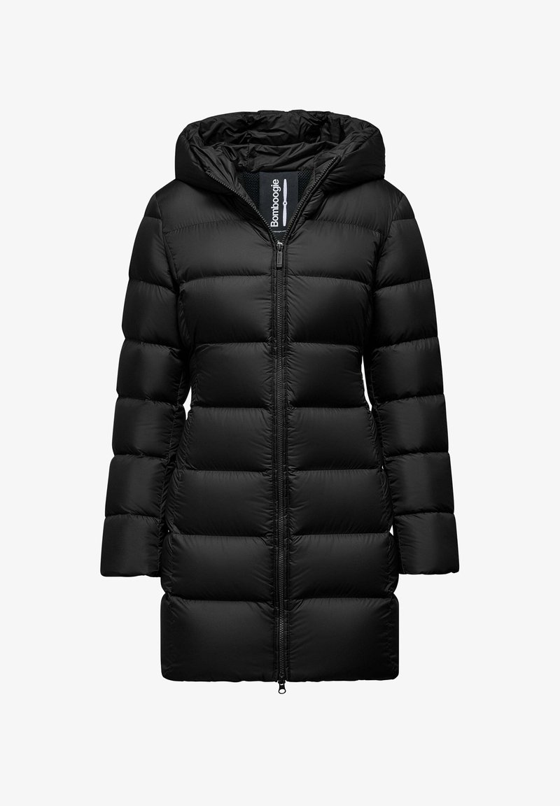 Zwarte pufferjas met capuchon, voorzien van een gewatteerd ontwerp, volledige ritssluiting aan de voorkant en een licht taps toelopende silhouet. Soepele, nylon textuur.
