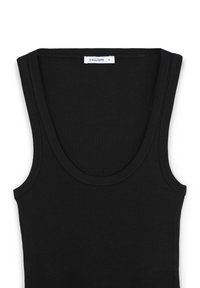 Canotta nera senza maniche realizzata in tessuto a coste, con scollatura arrotondata e dettagli di cucitura sottili. L'etichetta riporta "CALLIOPE" e la taglia "S".