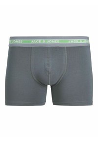 Boxeri gri dintr-un amestec de bumbac, cu un brâu în dungi verzi și gri, având logo-ul "JACK & JONES".