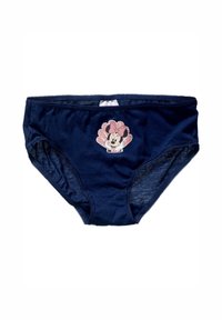 Granatowe bawełniane majtki z różowym nadrukiem Myszki Miki na przodzie, ozdobione falistym konturem i kontrastującym przeszyciem.