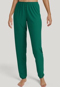 Groene, broek met elastische tailleband en rechte snit, met knoopaccenten aan de voorkant en gathered cuffs bij de enkels. Zachte stoftextuur.