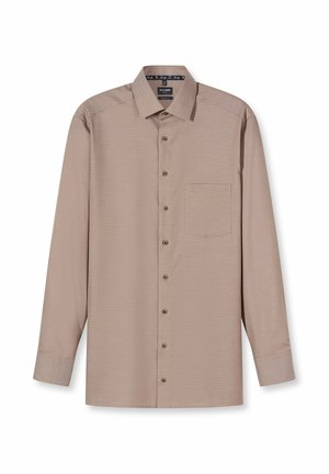 Braunes Langarmhemd aus strukturiertem Stoff mit durchgehender Knopfleiste, einer Brusttasche und gemustertem Innenkragen.