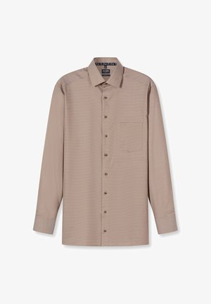 Braunes Langarmhemd aus strukturiertem Stoff mit durchgehender Knopfleiste, einer Brusttasche und gemustertem Innenkragen.