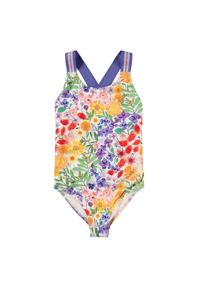 Bloemen zwempak met een meerkleurige bloemenprint, paarse bandjes met een contrasterend ontwerp en een getailleerde pasvorm.