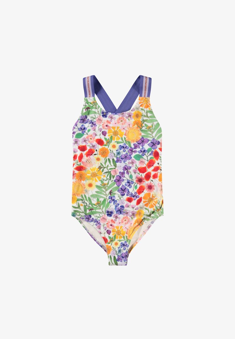 Květinové jednodílné plavky s barevným květinovým vzorem, fialovými popruhy s kontrastním designem a přiléhavým střihem.