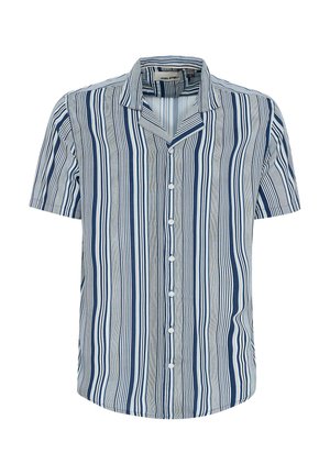 Košela s krátkym rukávom a zapínaním na gombíky, ktorá má vertikálne modro-biele pruhy. Tkanina je ľahká, s golierom a zaobleným lemom.