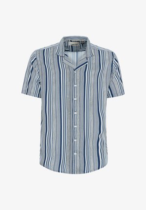Košela s krátkym rukávom a zapínaním na gombíky, ktorá má vertikálne modro-biele pruhy. Tkanina je ľahká, s golierom a zaobleným lemom.