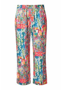Kleurige, geprinte lichtgewicht broeken met een elastische tailleband, met een mix van bloemen- en geometrische vormen in roze, blauw en groen.