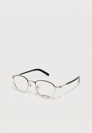 Gafas de Montblanc con un delgado marco de metal plateado, lentes redondos y patillas de acetato negro; cuentan con almohadillas nasales ajustables para un mejor ajuste.