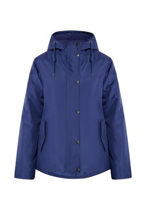 Jachetă impermeabilă albastră cu glugă, nasturi tip capse, șnur la gât și buzunare laterale. Textură netedă și croială lejeră.
