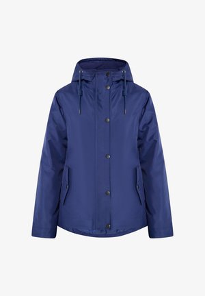 Veste imperméable bleue avec capuche, boutons-pression, cordon de serrage au cou et poches latérales. Texture lisse et coupe décontractée.