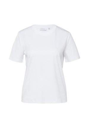Biała koszulka z krótkim rękawem, okrągłym dekoltem, prostym krojem i małą metką marki wewnątrz przy szyi.