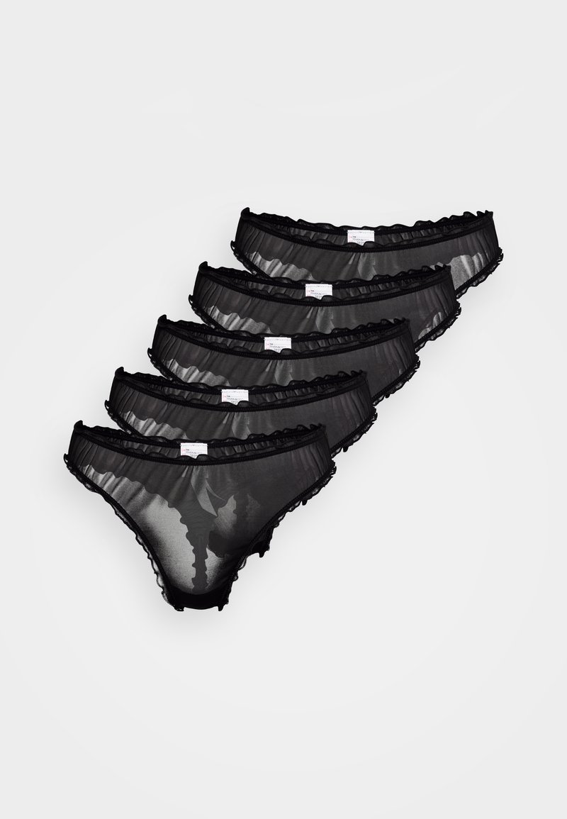 Mutande hipster nere in pizzo trasparente con bordi arricciati, caratterizzate da una consistenza liscia e un design leggermente trasparente. Set di cinque.