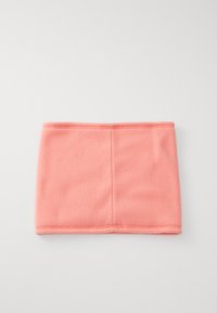 Fleece halsvarmer i blød koral, cylindrisk form, med flade sømme og uden synlige beslag. Glat tekstur og letvægtsdesign.