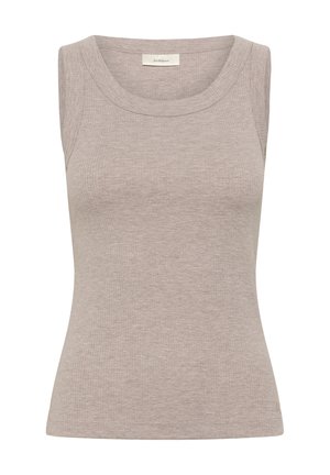 Ärmelloses, geripptes Strick-Top in hellem Mauve mit rundem Halsausschnitt und figurbetonter Silhouette.