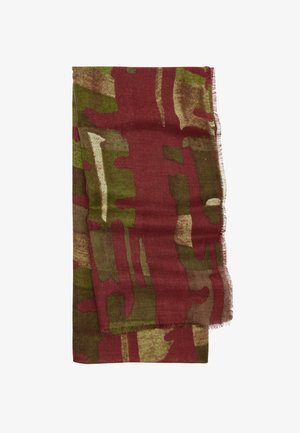 Złożony szalik z abstrakcyjnym wzorem w odcieniach czerwieni, zieleni, brązu i beżu, z lekko postrzępionymi krawędziami.