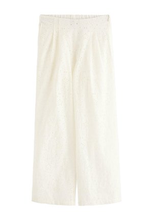 Hvide bukser med vide ben, diskrete blomster med hulmønster og elastisk talje.