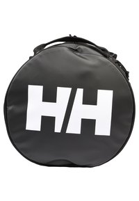 Černá kulatá taška s hladkou texturou. Na přední straně se nachází výrazné bílé logo "H/H" a pevný černý popruh na nošení.