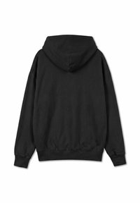 Sweat à capuche noir vu de dos avec manches longues, poignets côtelés et ourlet côtelé sur fond blanc.