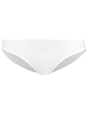 Bela bikinija spodnji del, izdelan iz gladkega materiala, z nizkim pasom, brezšivnimi robovi in subtilno teksturo na notranji strani.