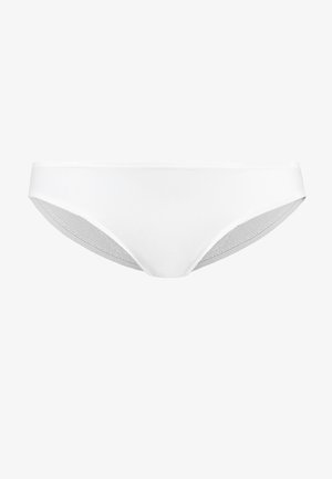 White bikini bottom made from smooth fabric, featuring a low-rise design, seamless edges, and a subtle texture on the interior.