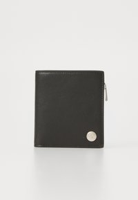 Black leather wallet with a smooth texture, bi-fold design, silver-tone hardware, and a circular logo accent on the front. Zippered section included.