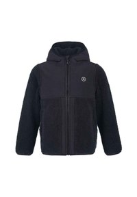 Hooded black jacket featuring a mix of smooth and fluffy textures, with a zip front closure and a logo on the chest.