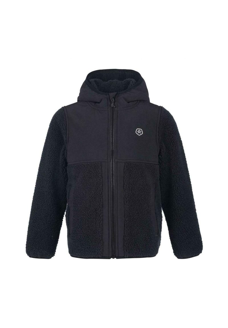 Hooded black jacket featuring a mix of smooth and fluffy textures, with a zip front closure and a logo on the chest.