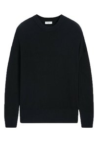 Black ribbed knit sweater featuring a crew neckline and long sleeves. The fabric has a textured appearance with a relaxed fit.