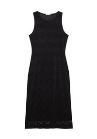 Robe en dentelle noire avec un design sans manches, présentant un motif en diamant texturé et un ourlet à volants.