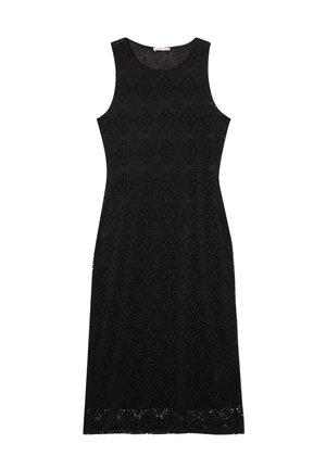 Sort blondelinned kjole med ærmeløst design, prydet med et struktureret diamantmønster og en bølget kant.