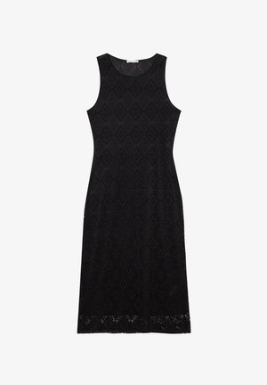 Zwarte kantensjurk met een mouwloos ontwerp, featuring een gestructureerd diamanten patroon en een geschulpte zoom.