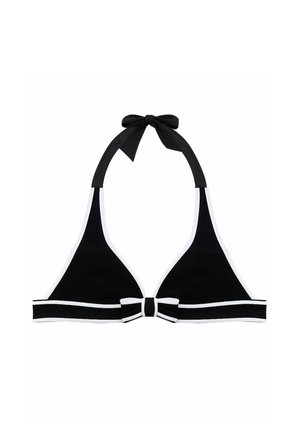 Black halter bikini top with white trim. Features a bow at the center and a tied neck strap. Made from smooth, stretchy material.