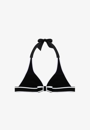 Top de bikini halter negru cu detalii albe. Are o fundiță la centru și un bretele legată la gât. Fabricat dintr-un material neted și elastic.
