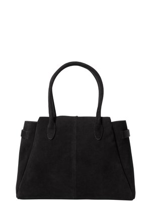 Black suede tote bag with two rounded handles, featuring a structured shape and subtle stitching detail. No visible hardware or accents.