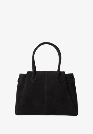 Schwarze Wildleder-Shopper-Tasche mit zwei abgerundeten Griffen, die eine strukturierte Form und dezente Nähte aufweist. Keine sichtbare Hardware oder Akzente.
